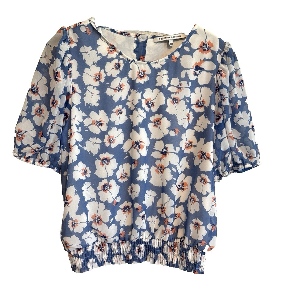 Womens Pullover Floral Short Sleeve Top L Elastic Waist Cottagecore Lined Summer